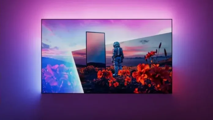 TV met Philips Hue sfeerverlichting toont een astronaut in een bloemenveld met paarse gloed.