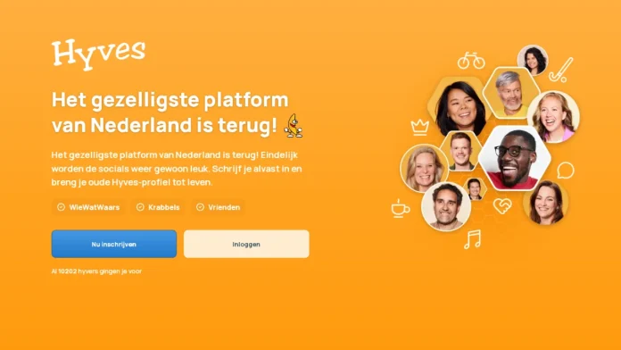 Hyves is terug: het gezelligste platform van Nederland met krabbels en vrienden op een oranje achtergrond.