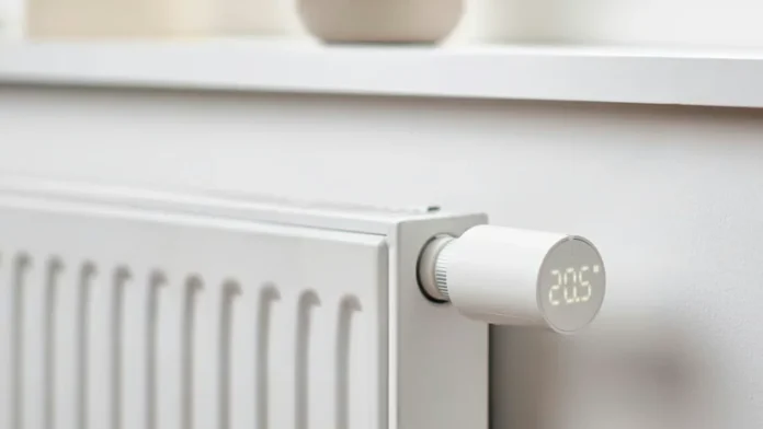 Ikea smart thermostatic radiator valve displaying 20.5 degrees on a white home radiator.