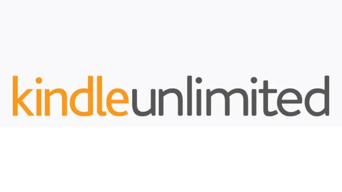 Kindle Unlimited logo in oranje en grijs op witte achtergrond.