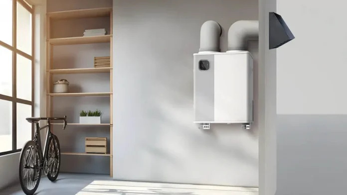 Midea warmtepomp aan de muur in een modern interieur voor duurzame verwarming.