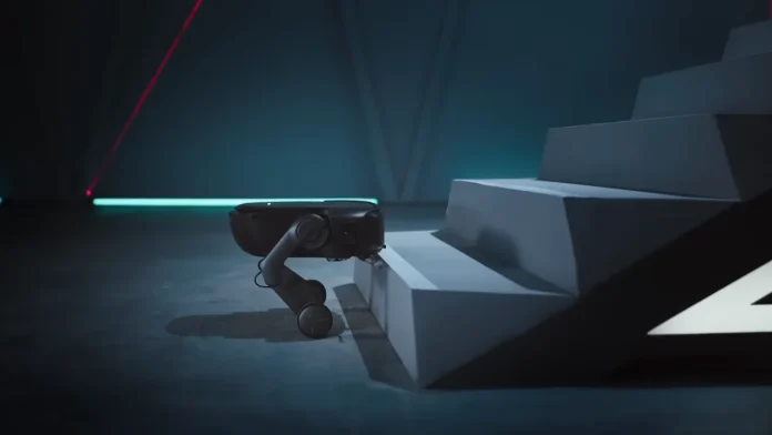 Roborock robot vacuum with stair-climbing technology navigating steps in a futuristic dark room.