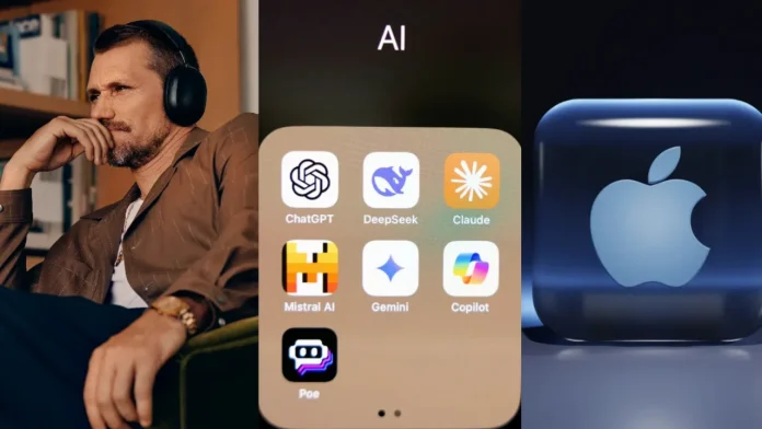Man met koptelefoon, AI-apps en Apple-logo voor een moderne Smarthome-ervaring.