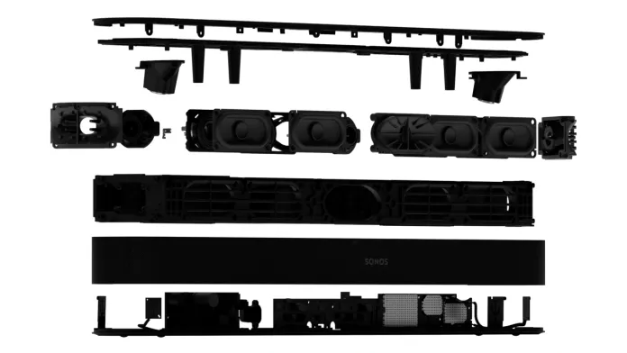 Gedetailleerde exploded view van de interne onderdelen van een zwarte Sonos soundbar.