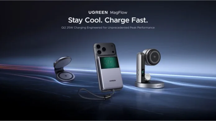 UGREEN MagFlow Qi2 25W fast wireless chargers: power bank, foldable pad, and 3-in-1 charging stand.