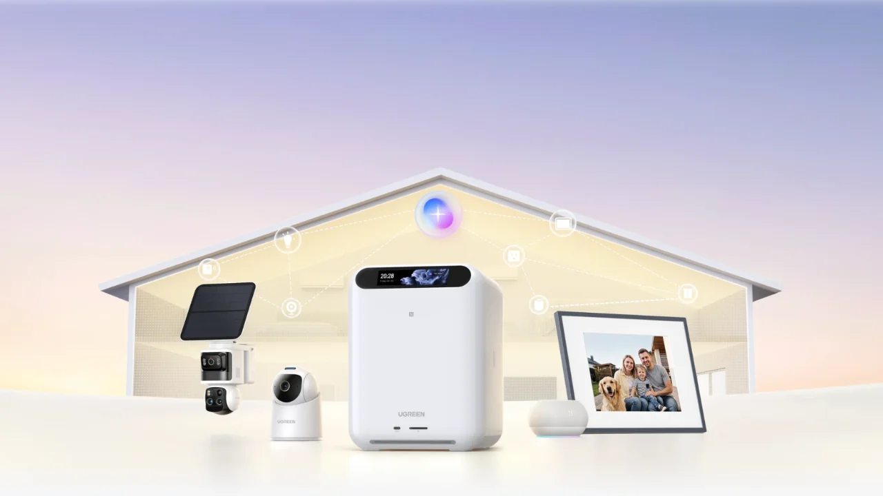 Ugreen smart home ecosystem with NAS storage, security cameras, and connected devices in a stylized house.