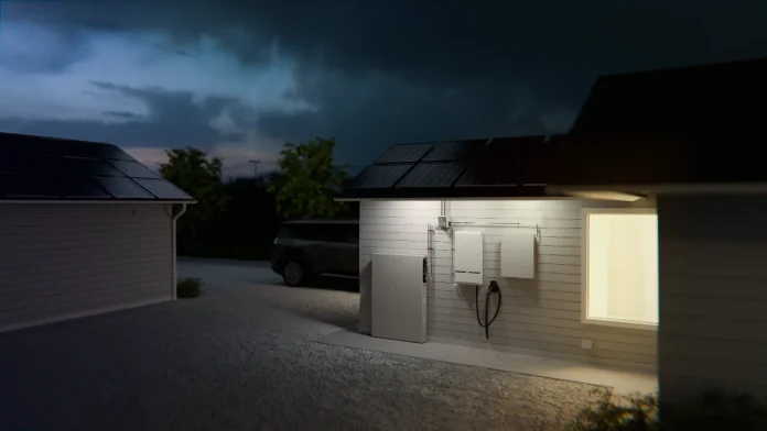 Duurzame woning met zonnepanelen, thuisbatterij en een Wallbox voor het opladen van een elektrische auto.