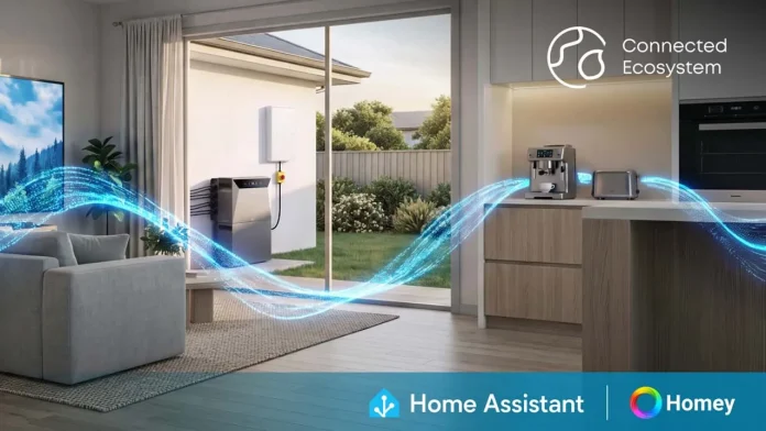 Woonkamer en keuken met thuisbatterij in de tuin, verbonden via Home Assistant en Homey