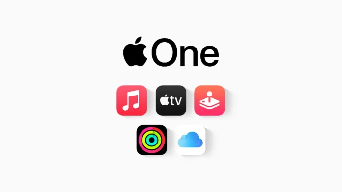 Apple One logo met de iconen van Apple Music, Apple TV, Apple Arcade, Fitness+ en iCloud+ bij de Apple One prijsverhoging