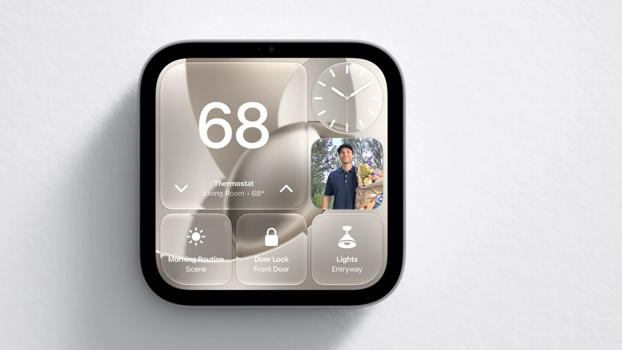 Apple HomeView als wandmodel met het Home Modular-scherm met thermostaat, klok, deurslot en verlichting