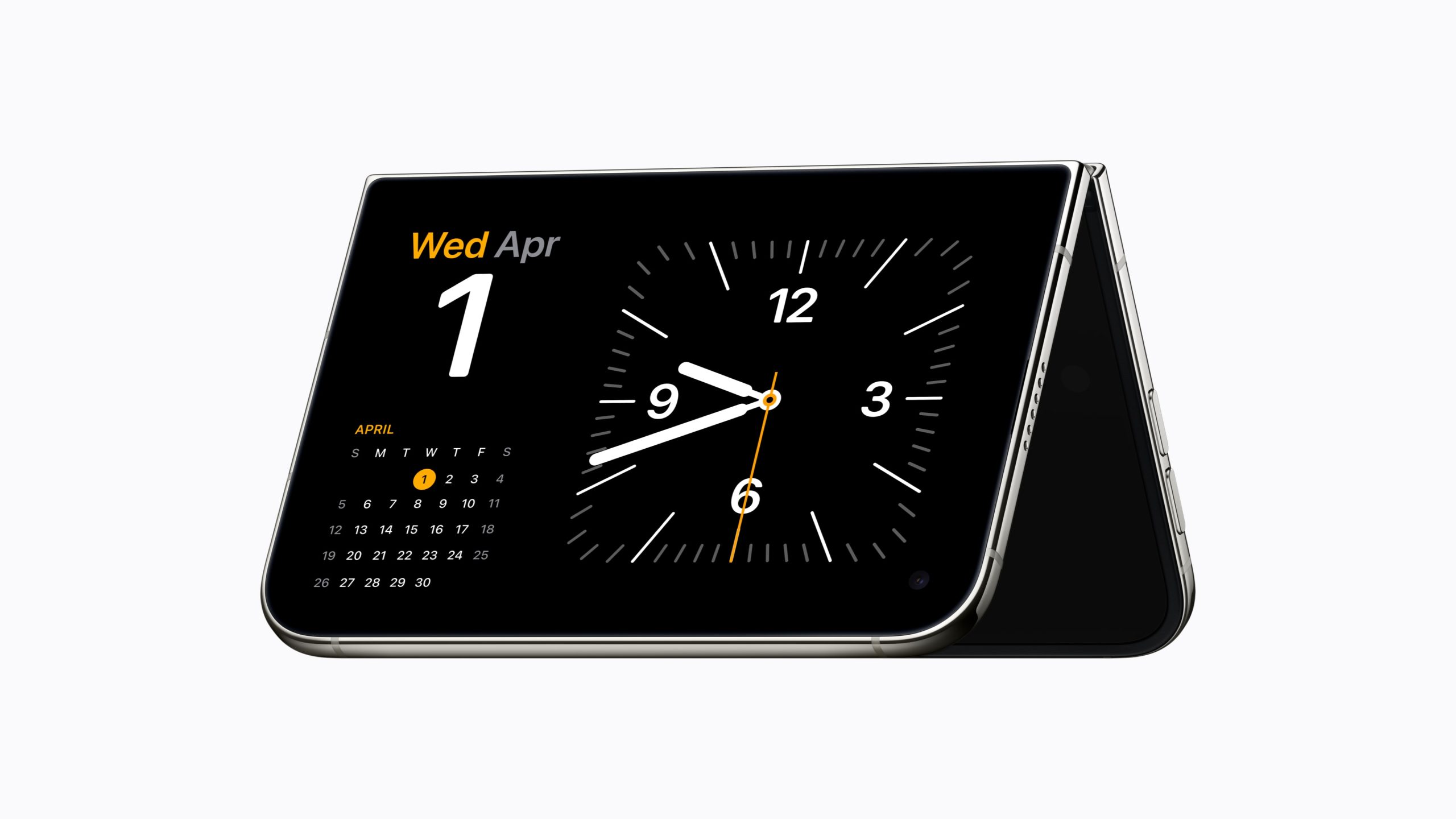 Dichtgevouwen iPhone Duo die horizontaal staat opgesteld en klok en agenda toont in StandBy