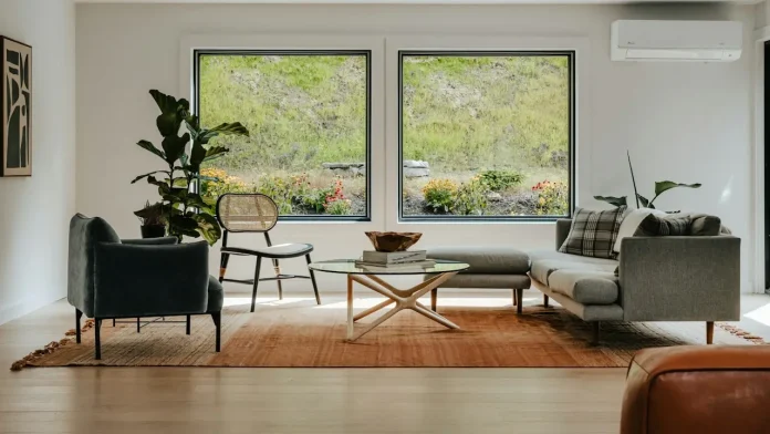 Lichte woonkamer met grote ramen en een grote plant, waar regelmatig ventileren voor frisse lucht zorgt