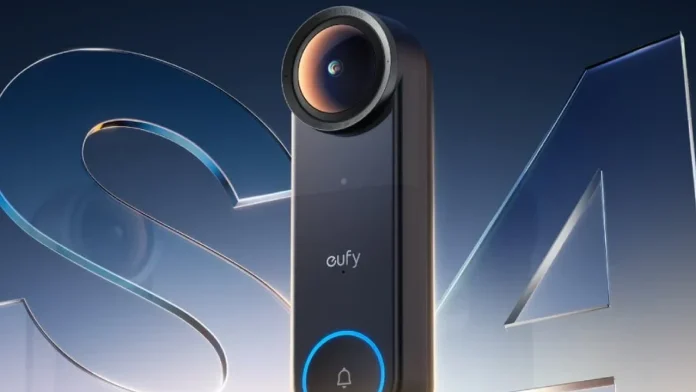 Eufy Video Doorbell S4 videodeurbel voor een glazen S4-logo met blauwe lichtring rond de belknop