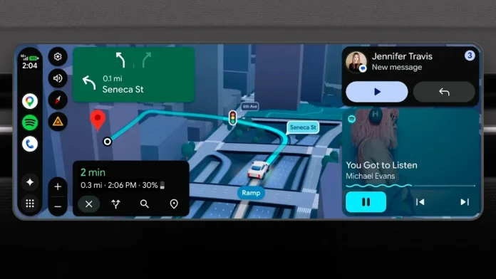 Google Android Auto dashboard met navigatie, Spotify en berichten op een autoscherm.