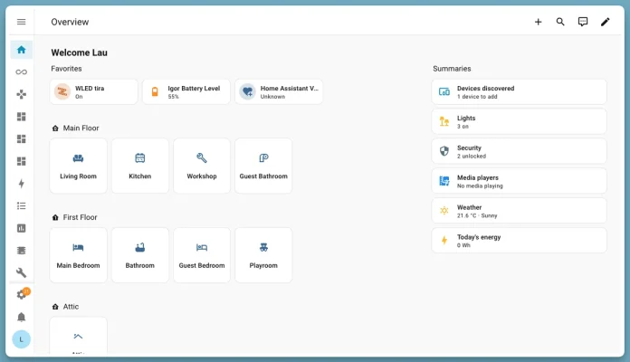 De vernieuwde Overview van Home Assistant met favorieten, ruimtes en samenvattingen
