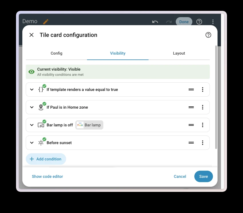 Het tabblad Zichtbaarheid van een tile-kaart in Home Assistant met voorwaarden voor template, zone, apparaat en zon