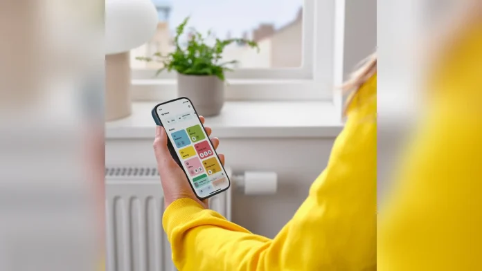 Een hand houdt een smartphone met de IKEA Home-app vast, op de achtergrond zit een slimme radiatorknop op een radiator