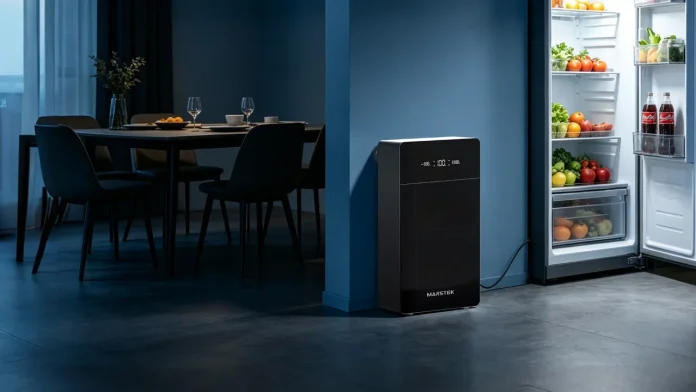 Marstek thuisbatterij voorziet een koelkast van stroom in een moderne keuken.
