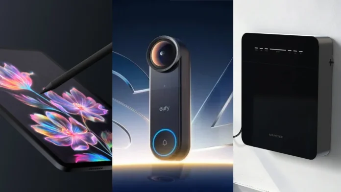Tech gadget overzicht: digital tablet with stylus, Eufy video doorbell, and Marstek home battery system.