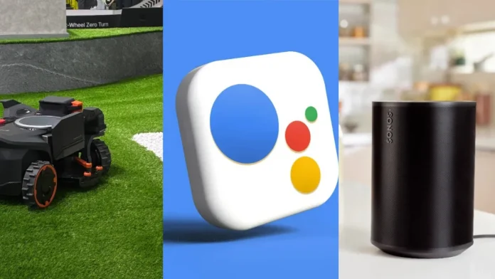 Overzicht van slimme apparaten: robotmaaier, Google Assistant icoon en Sonos luidspreker.