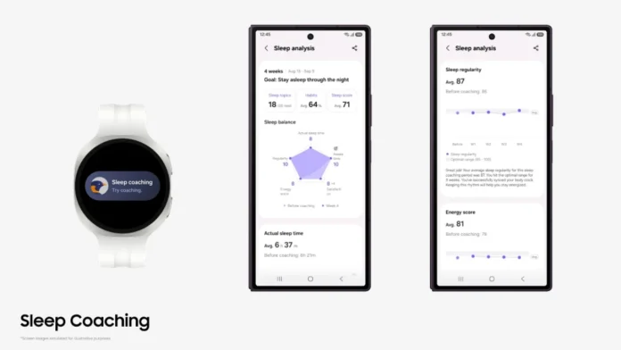 Samsung Health toont op een Galaxy Watch en telefoon het slaapoverzicht van de slaapcoach