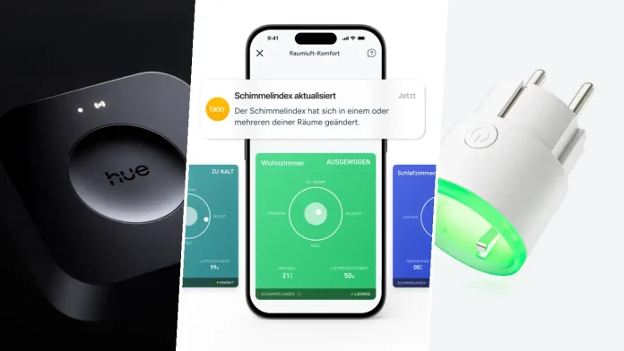 Collage van de Philips Hue Bridge Pro, de schimmelindex in de tado° app en de HomeWizard Energy Socket