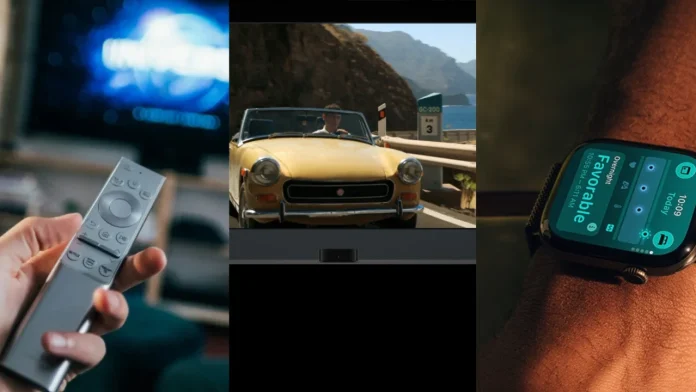 Smarthome Overzicht van entertainment en gezondheid met een afstandsbediening, film en smartwatch.