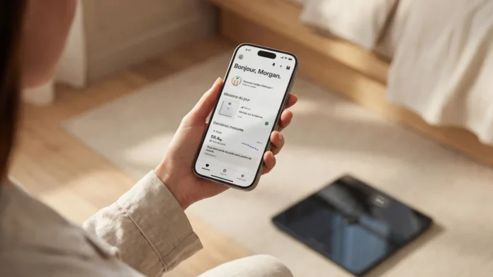 Withings Apple Health: een vrouw bekijkt haar metingen in de Withings-app, met een Withings-weegschaal op de vloer