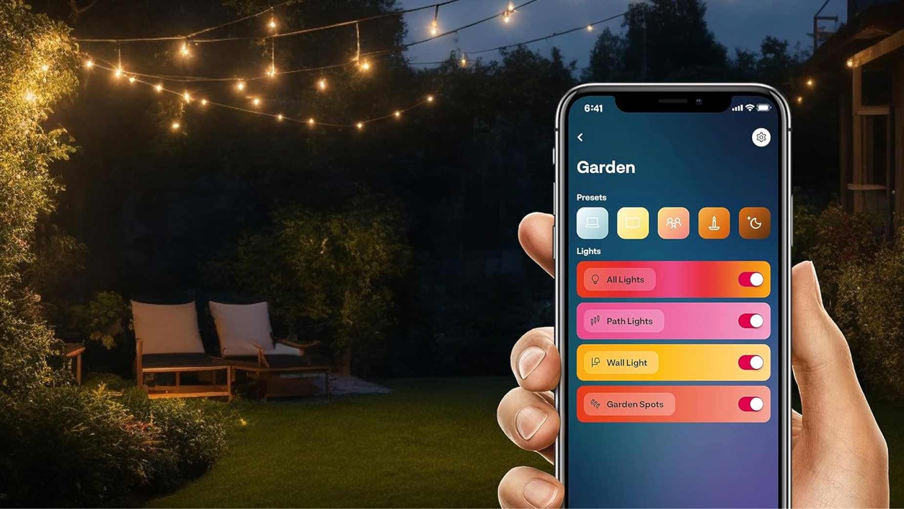 Lifestyle foto van Gardena app met tuin in achtergrond